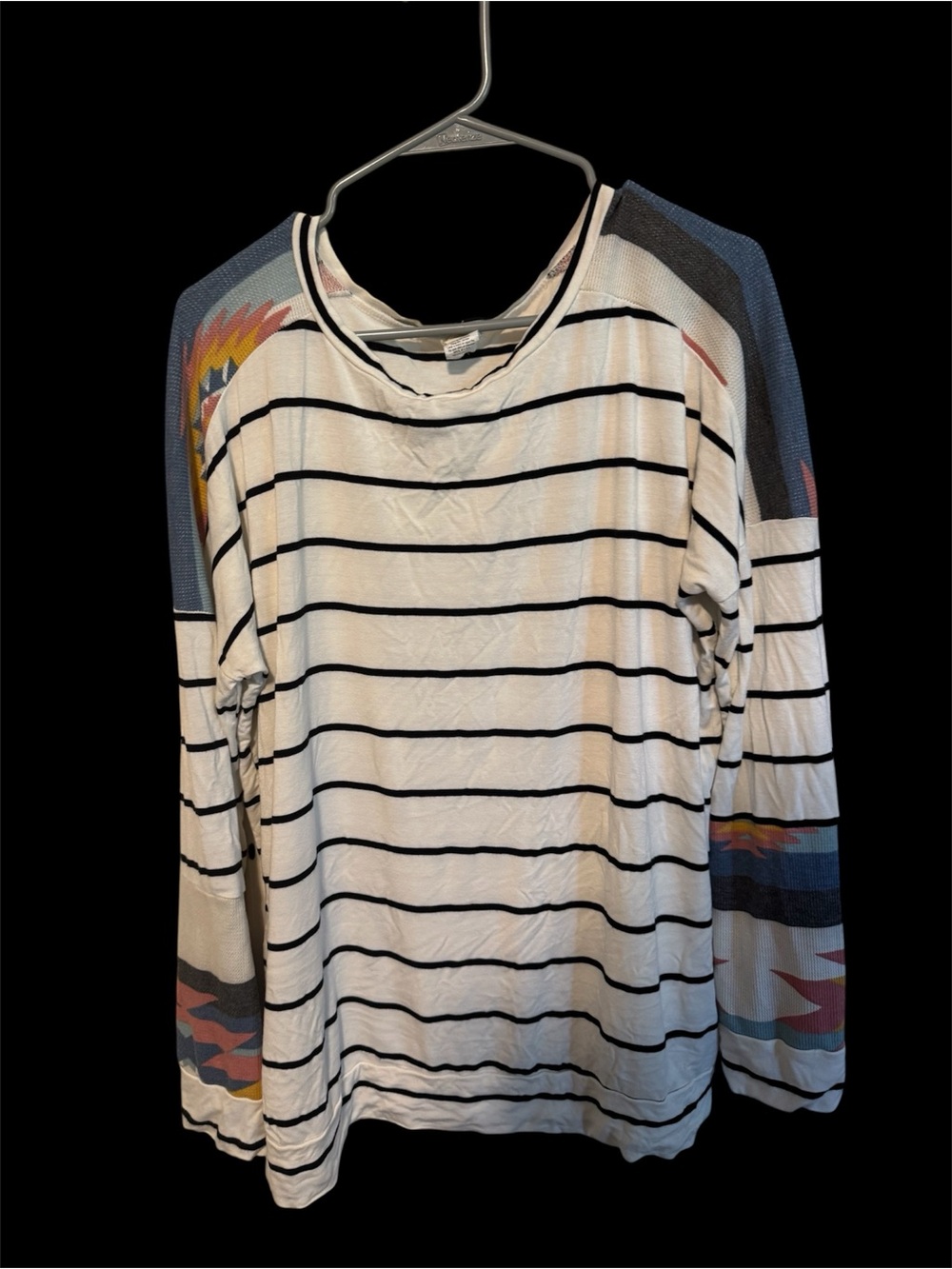 Striped Long-Sleeve Crew Tee with Patterned Sleeves - White/Navy